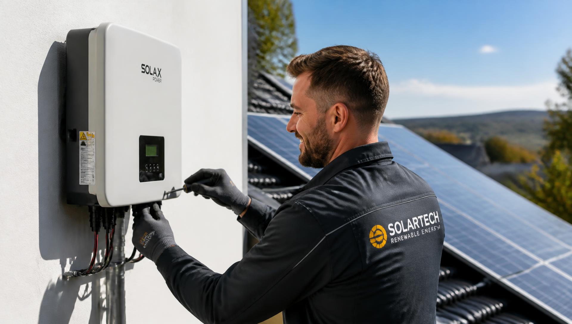 Electrician installing a modern solar inverter beside rooftop solar panels