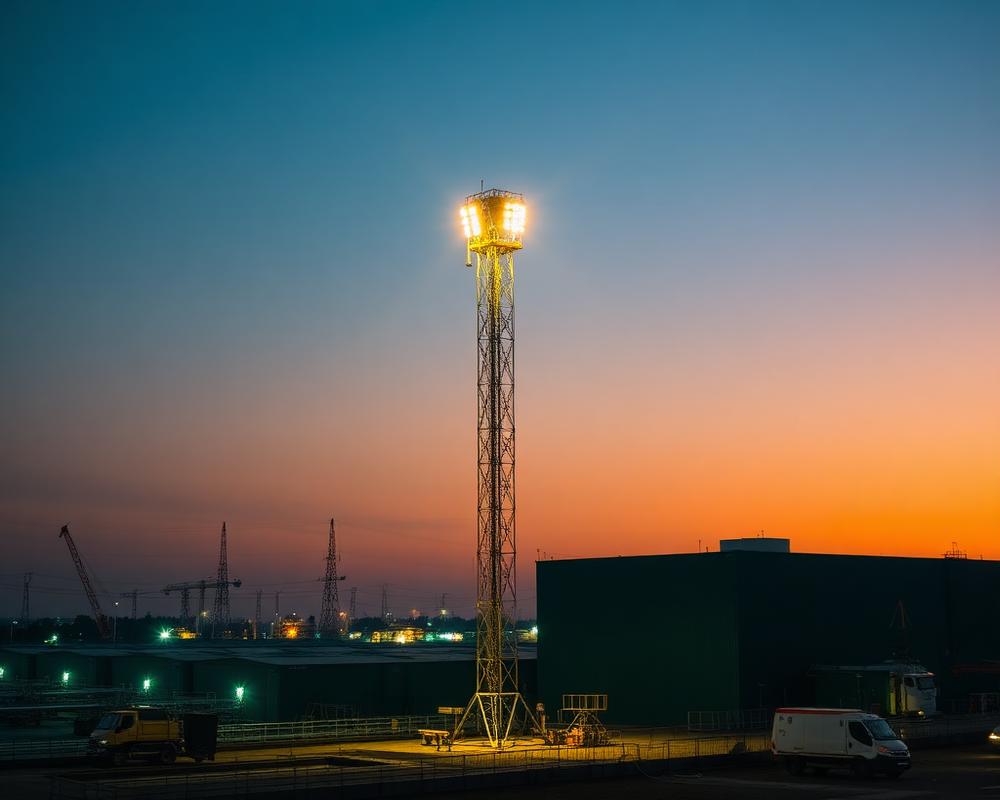 High mast lighting tower over an industrial yard